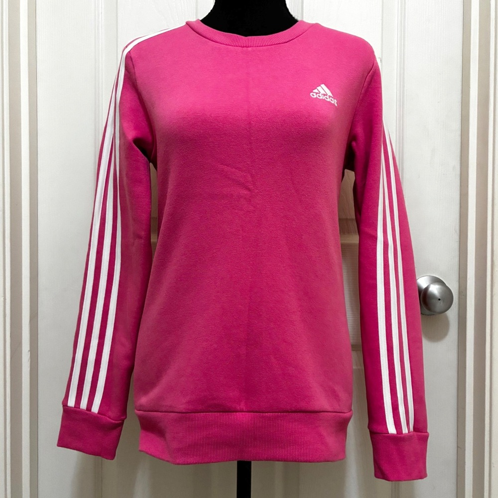 NEW Adidas Crewneck Pullover Fleece Sweatshirt‎ Rose Hot Pink 3 Stripes XS